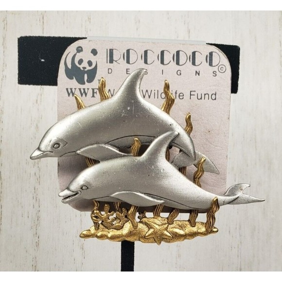 Vintage JJ Jonette Two Playful Dophins Swimming in Seaweed Brooch Pin - Picture 1 of 10